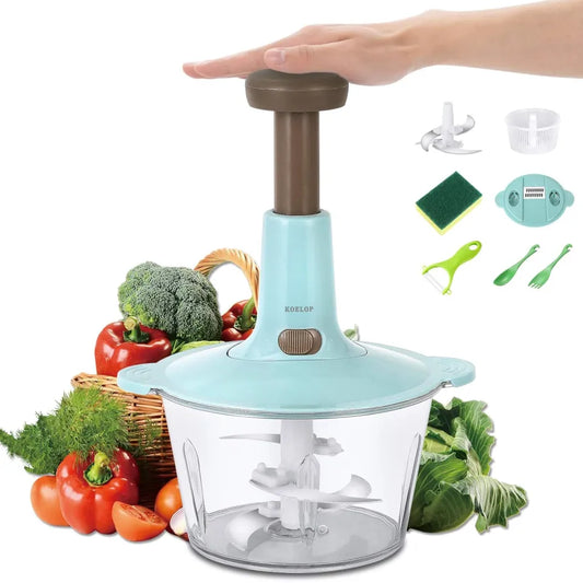 Manual Hand Push Chopper – Hand Operated Food Processor with 3 Free Blades