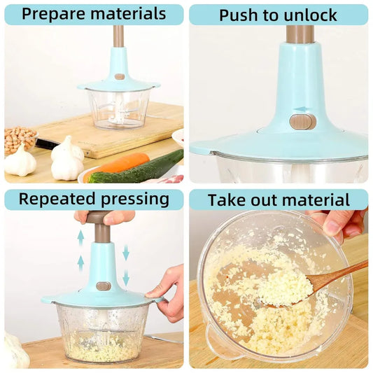 Manual Hand Push Chopper – Hand Operated Food Processor with 3 Free Blades