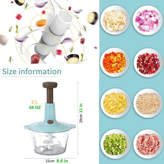Manual Hand Push Chopper – Hand Operated Food Processor with 3 Free Blades