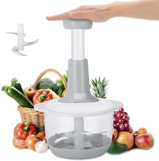 Manual Hand Push Chopper – Hand Operated Food Processor with 3 Free Blades