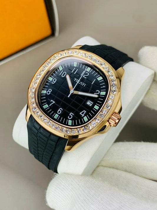 Yikayi Diamond Stone Gold Dial Wrist Watch with Date Display