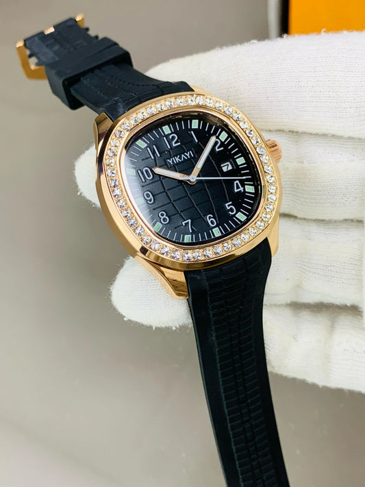 Yikayi Diamond Stone Gold Dial Wrist Watch with Date Display