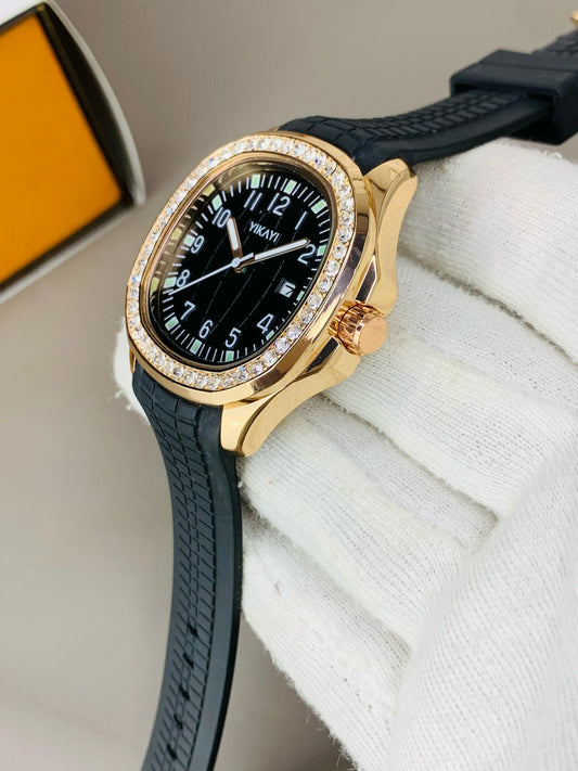 Yikayi Diamond Stone Gold Dial Wrist Watch with Date Display