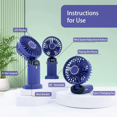 Portable Rechargeable Handheld Fan with Digital Display – Mini USB Cooling Fan for Travel, Office & Home