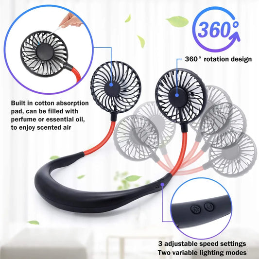 360° Rotation USB Rechargeable Wearable Portable Neck Fan