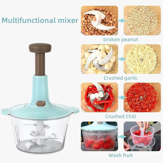 Manual Hand Push Chopper – Hand Operated Food Processor with 3 Free Blades